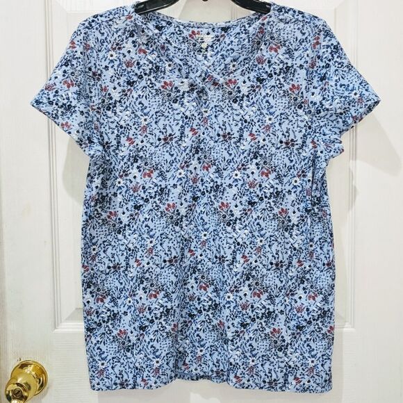 Ruff Hewn Split Neck Blue Floral Print Top sz M - Picture 1 of 7